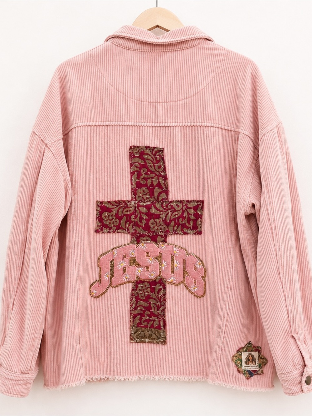 Jesus Cross Upcycled Pink Corduroy Jacket XL Christian Boho One of a Kind